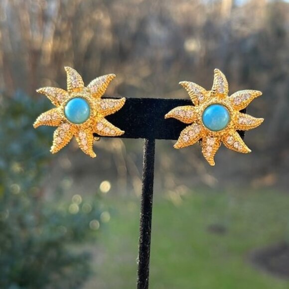 R.J. Graziano Jewelry - R.J. GRAZIANO Gold Rhinestone Sunburst Blue Stone EARRINGS